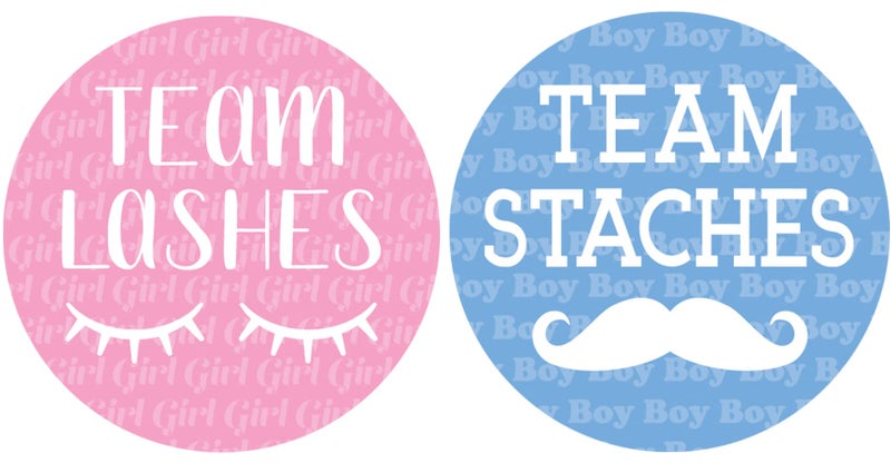 DISTINCTIVS Baby Gender Reveal Team Lashes or Team Staches Stickers, Pink or Blue - 40 Labels - Image 1
